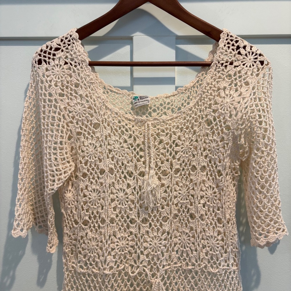 Vtg Foyen's of Hawaii Crochet Swim Cover Up Small Cream Boho Floral Mesh Tunic - Picture 4 of 11